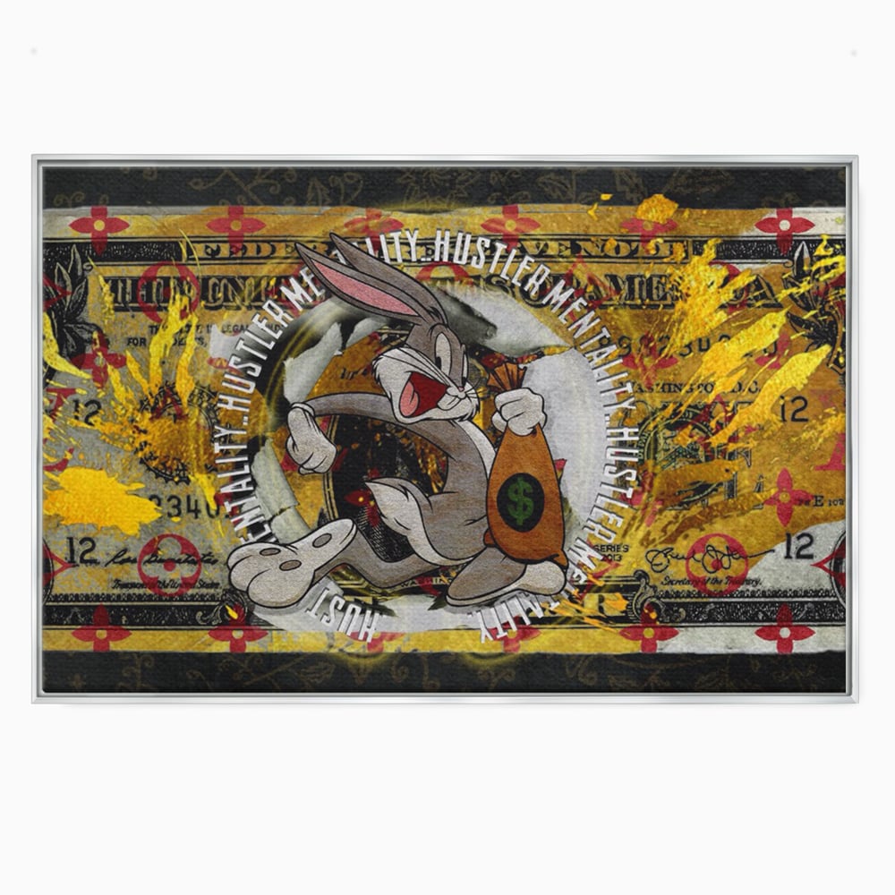 Tablou canvas cu tablou canvas cu dolar si bugs bunny, in rama de aluminiu argintiu